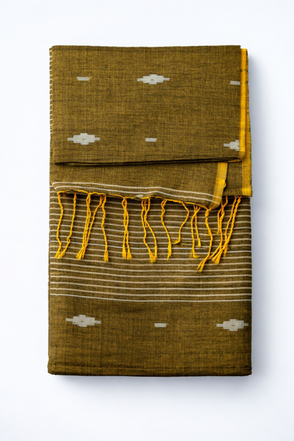 Olive Green Jamdani Cotton Saree with Elegant Handwoven Buttas