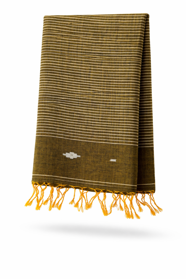 Olive Green Jamdani Cotton Saree with Elegant Handwoven Buttas