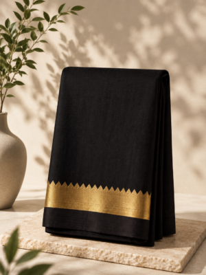 afc0a734-e574-4239-9797-0bb592cc6e7c Handloom Mangalagiri Silk Cotton Saree – Black with Gold Zari Border