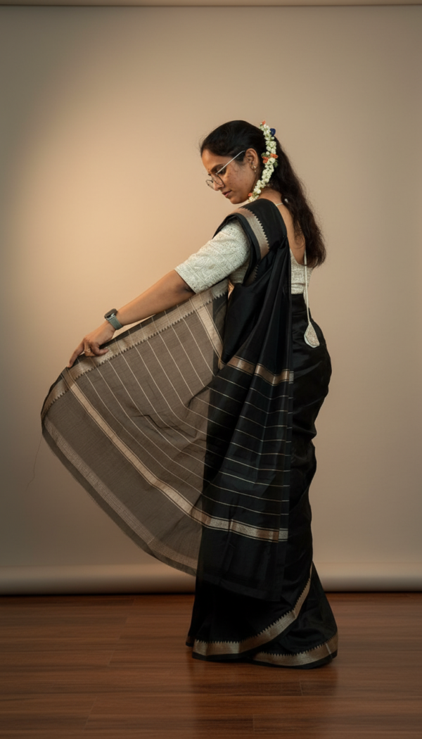 Handloom Mangalagiri Silk Cotton Saree – Black with Gold Zari Border