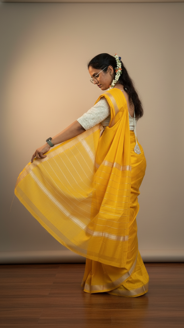 Handloom Mangalagiri Silk Cotton Saree – Yellow with Gold Zari Border