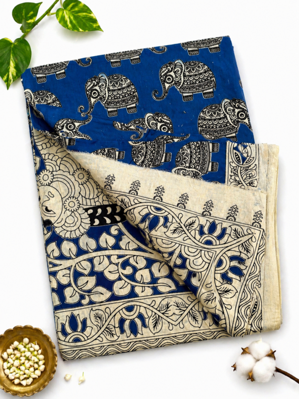 Kalamkari Pure Cotton Saree – Blue Base Elephants Print