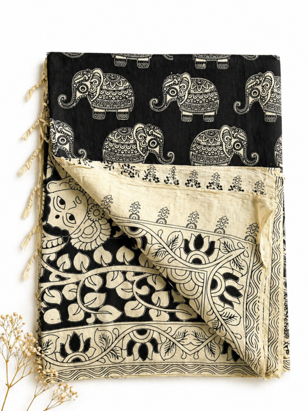 Kalamkari Silk Saree – Black base Elephants prints