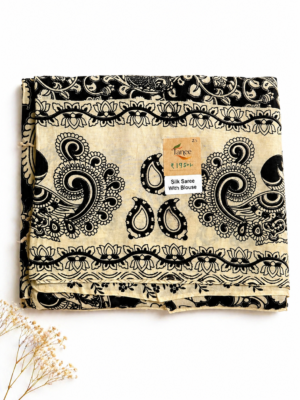 Kalamkari Silk Saree – Black Peacocks Border