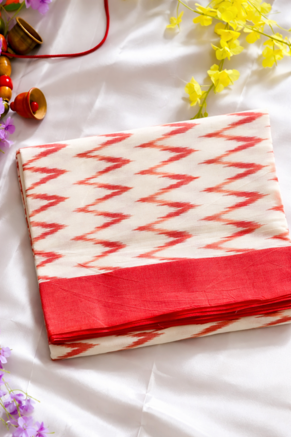 Handloom Ikkat Mercerised Cotton Saree – Off White & mix of Red with Orange (NO Blouse)