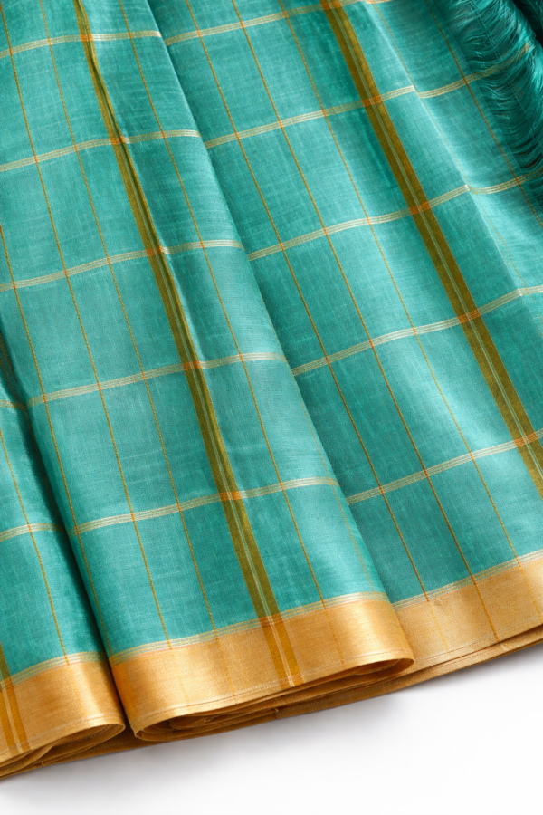 Handloom Mangalagiri Silk Cotton Saree – Turquoise Green with Gold Zari Border