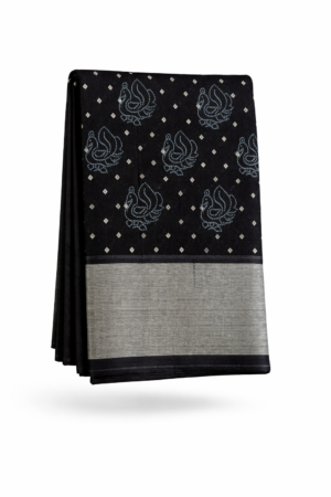 Handloom Peacock Motifs Cotton Saree – Black with Silver Zari Border