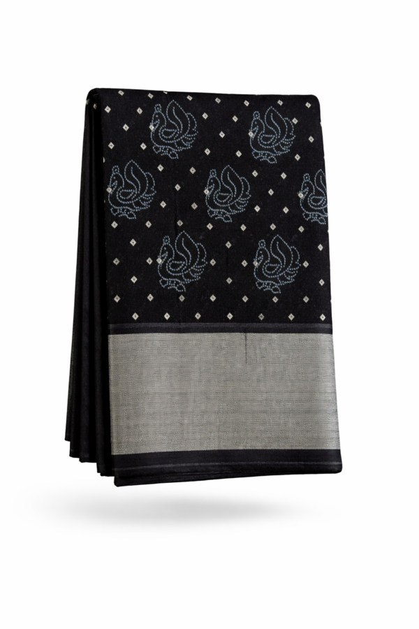2026/04/1000924504.png Handloom Peacock Motifs Cotton Saree – Black with Silver Zari Border