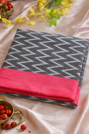 Charcoal Grey Ikkat Mercerised Cotton Saree with Pink Border (NO Blouse)