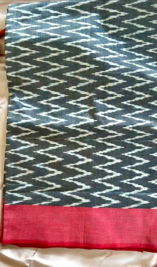 Charcoal Grey Ikkat Mercerised Cotton Saree with Pink Border (NO Blouse)