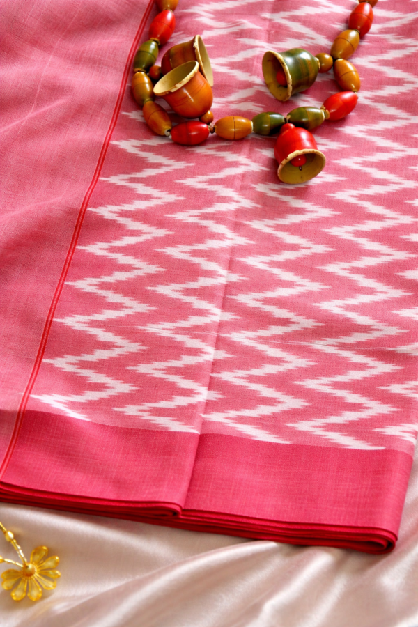 Charcoal Grey Ikkat Mercerised Cotton Saree with Pink Border (NO Blouse)