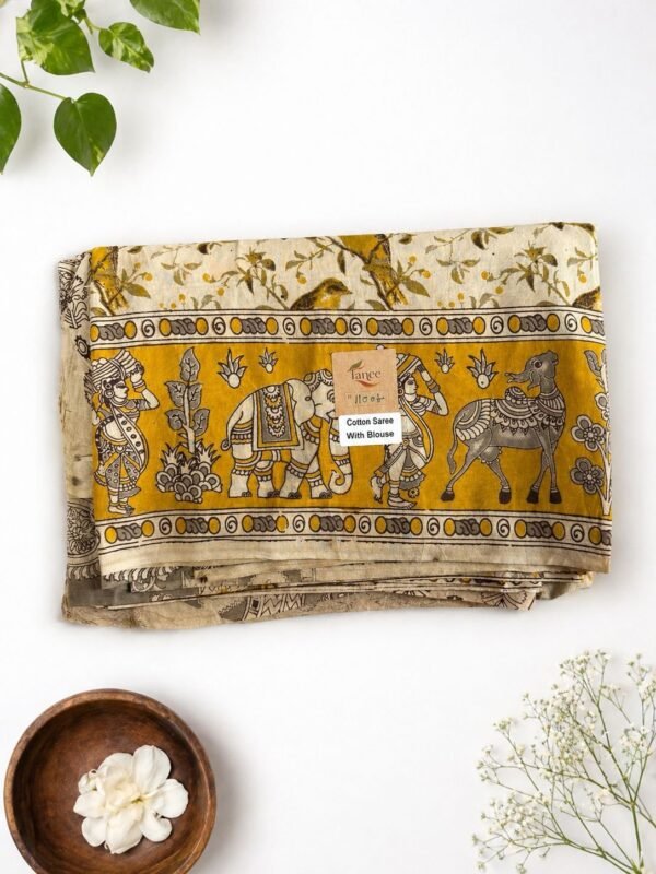 Kalamkari Pure Cotton Saree – Mustard Bird Print
