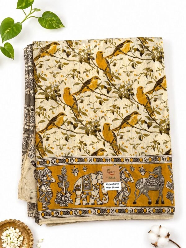 Kalamkari Pure Cotton Saree – Mustard Bird Print
