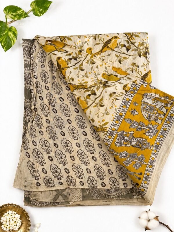 Kalamkari Pure Cotton Saree – Mustard Bird Print