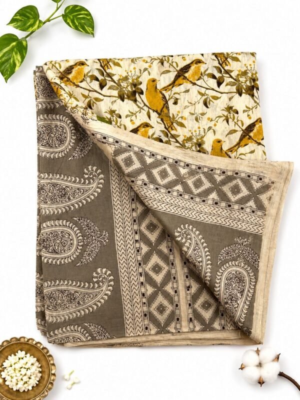 Kalamkari Pure Cotton Saree – Mustard Bird Print