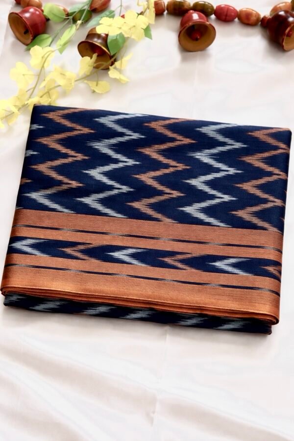 Navy Blue Ikkat Mercerised Cotton Saree with Copper Border (Without Blouse)