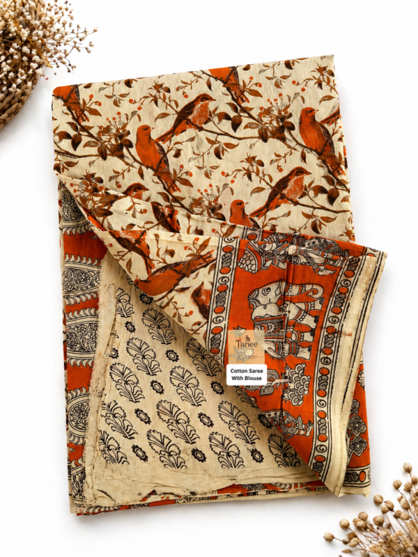 Kalamkari Pure Cotton Saree – Orange Bird Print