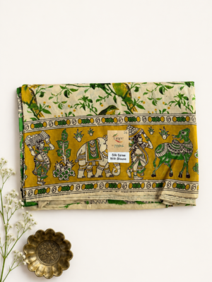 Kalamkari Silk Saree – Green Bird print