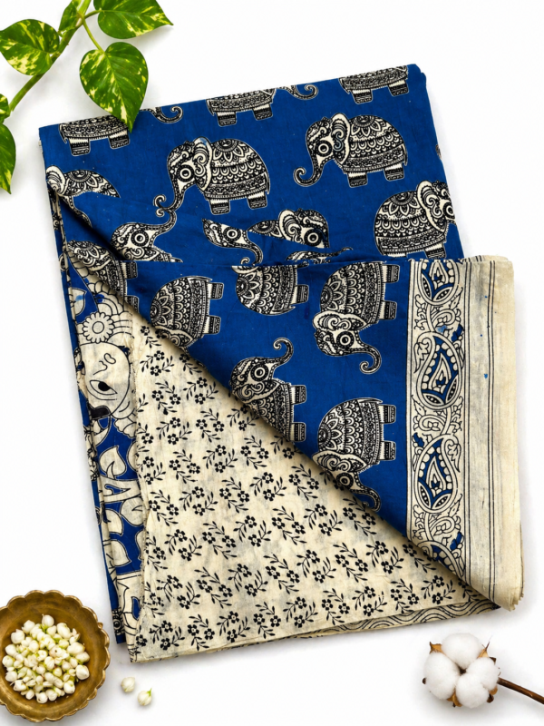 Kalamkari Pure Cotton Saree – Blue Base Elephants Print