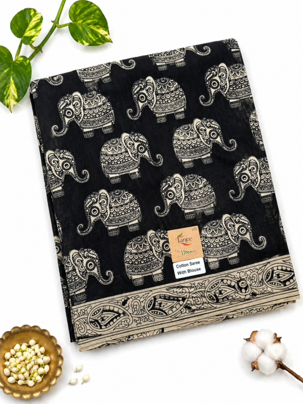 Kalamkari Pure Cotton Saree – Black base Elephants Print