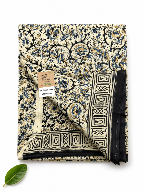 Kalamkari Pure Cotton Saree – Hand block printed Black