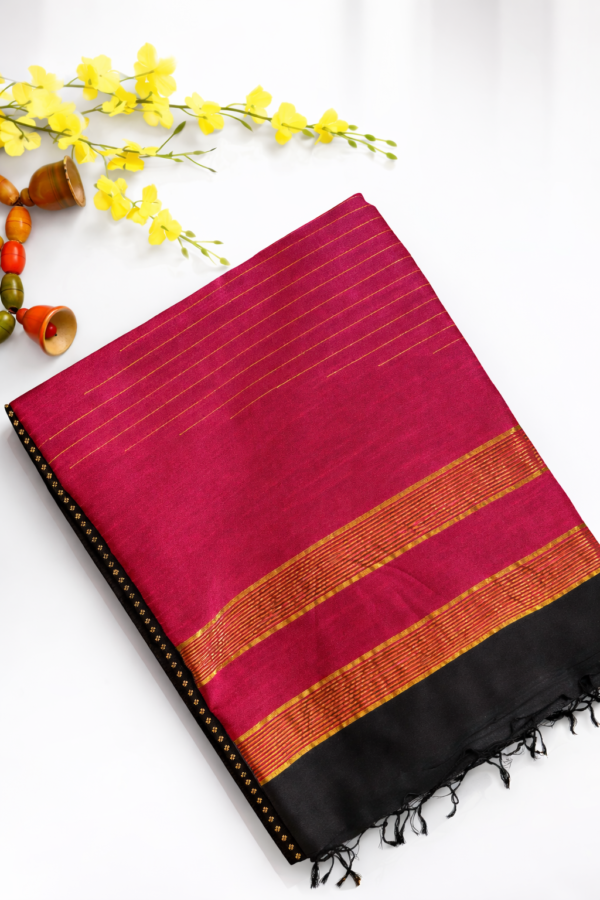 Black Semi Raw Silk Saree with Pink Pallu, Blouse & Zari
