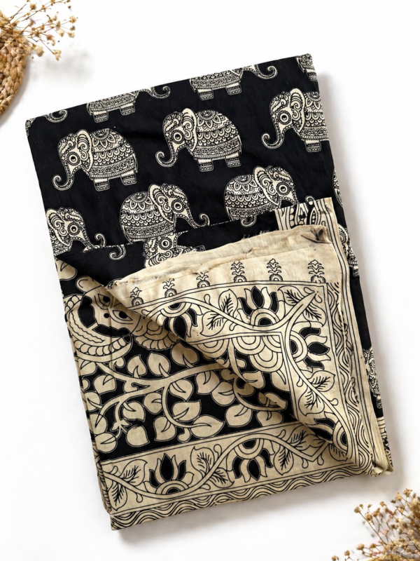 Kalamkari Pure Cotton Saree – Black base Elephants Print