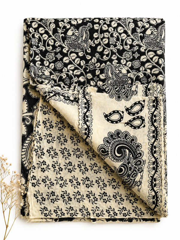 Kalamkari Silk Saree – Black Peacocks Border