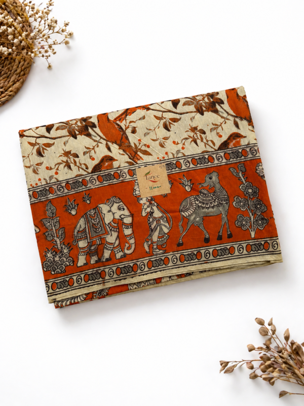 Kalamkari Pure Cotton Saree – Orange Bird Print