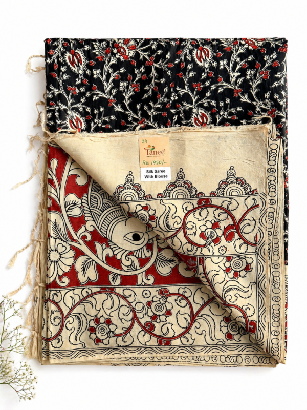 Kalamkari Silk Saree – Red base Cow Motifs