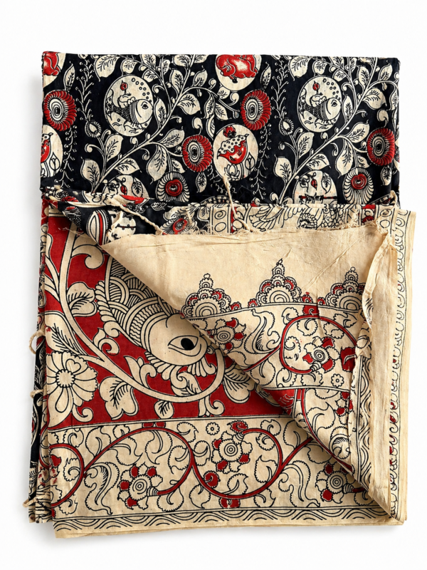Kalamkari Silk Saree –Maroon Base Border Peacock & Elephants print