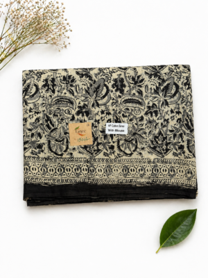 Kalamkari Pure Cotton Saree – Hand block printed Black