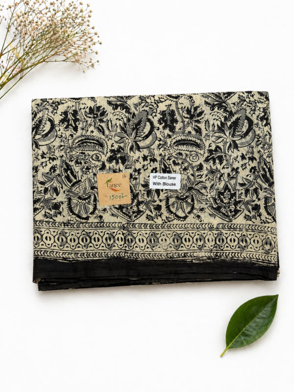 Kalamkari Pure Cotton Saree – Hand block printed Black
