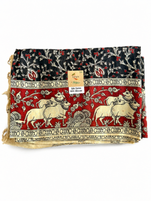 Kalamkari Silk Saree – Red base Cow Motifs