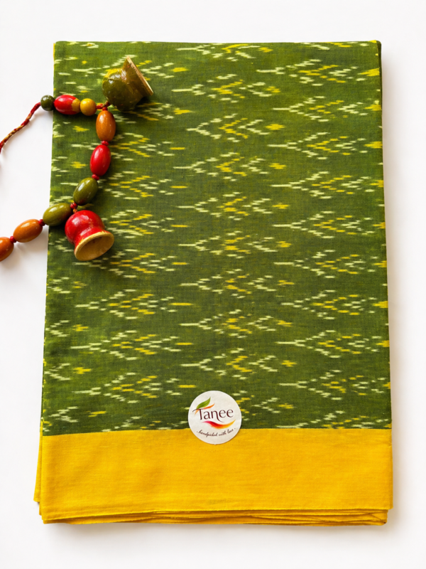 Green with Yellow border Ikkat Mercerised Cotton Saree(NO Blouse)