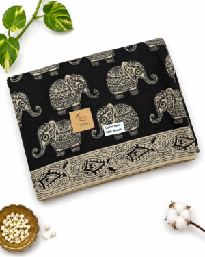 Kalamkari Pure Cotton Saree – Black base Elephants Print
