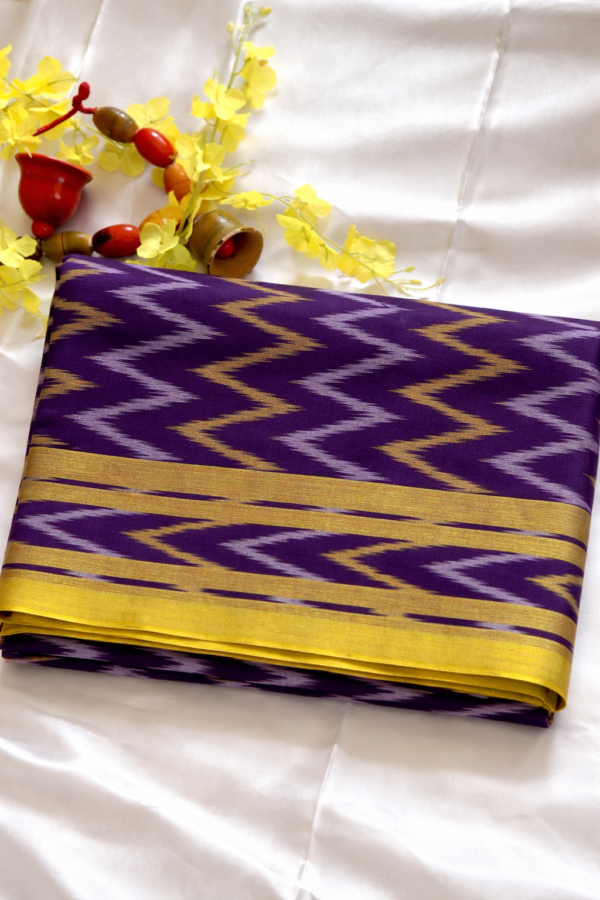 Purple with yellow Gap border Ikkat Saree with Striking Red Border – Lightweight Handloom Cotton (Without Blouse)