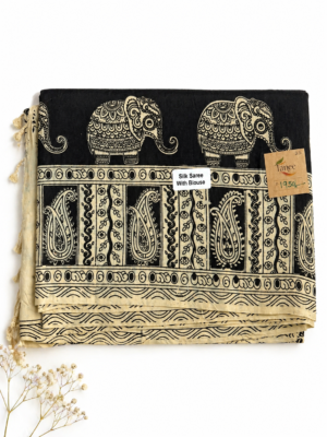 Kalamkari Silk Saree – Black base Elephants prints