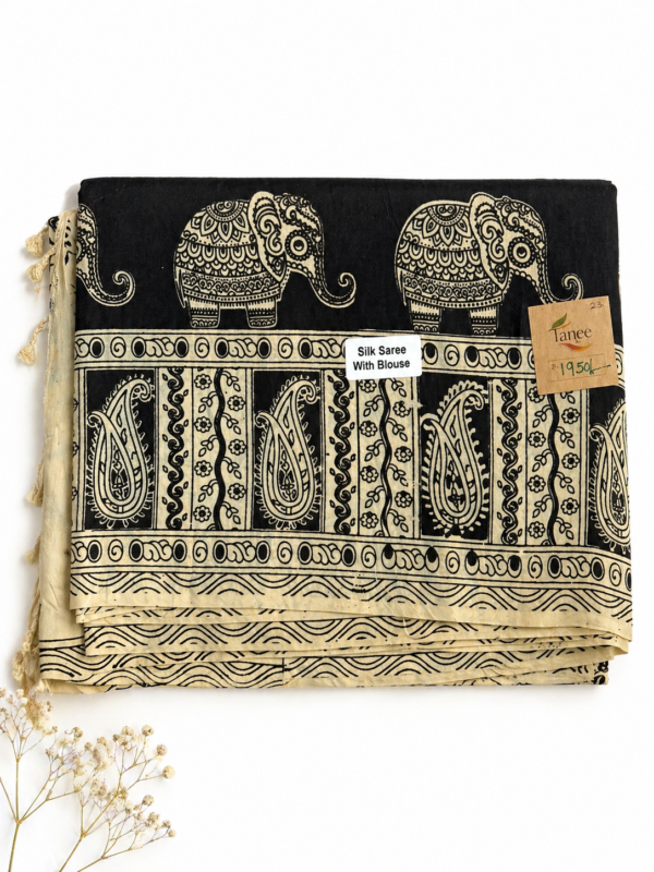 Kalamkari Silk Saree – Black base Elephants prints
