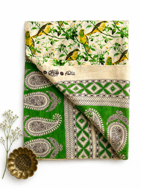 Kalamkari Silk Saree – Green Bird print