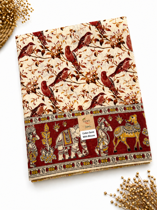 Kalamkari Pure Cotton Saree – Maroon Bird Print