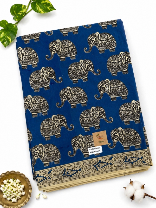 Kalamkari Pure Cotton Saree – Blue Base Elephants Print