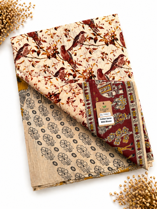 Kalamkari Pure Cotton Saree – Maroon Bird Print