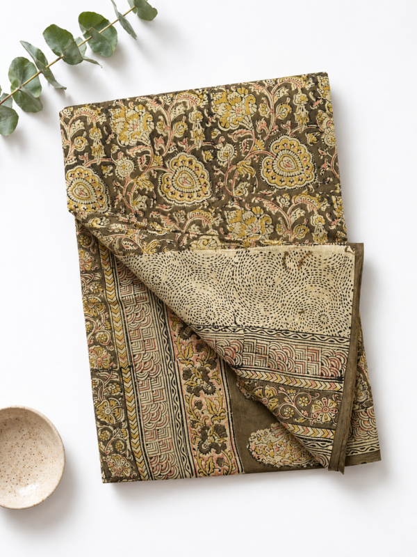 Kalamkari Pure Cotton Saree – Hand block printed light olive
