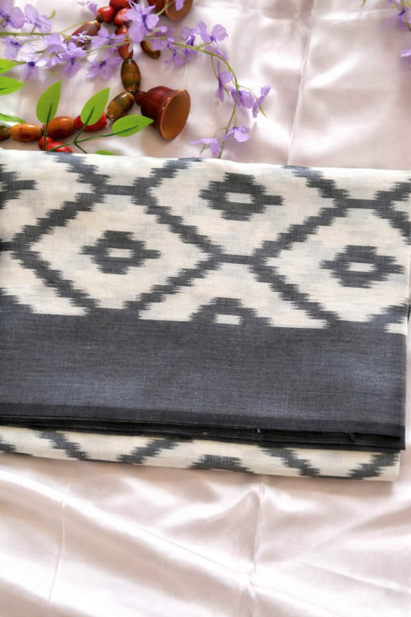 Handloom Ikkat Mercerised Cotton Saree – Off White & Grey (NO Blouse)