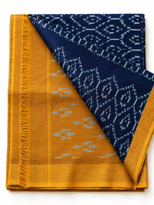 Handloom Ikkat Mercerised Cotton Saree – Navy Blue Body & Mustard Border (NO Blouse)