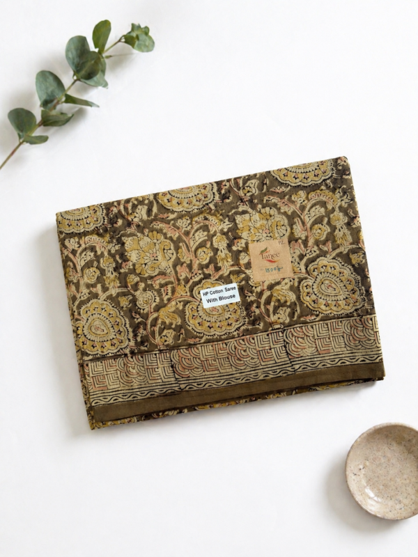 Kalamkari Pure Cotton Saree – Hand block printed light olive