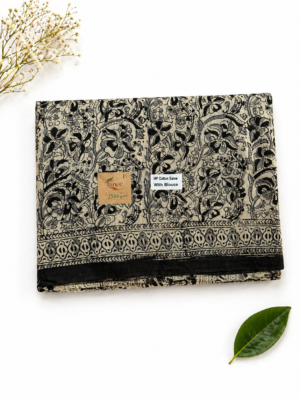 Kalamkari Pure Cotton Saree – Hand block printed Black flowers