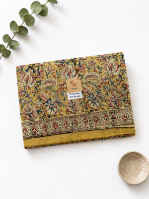 Kalamkari Pure Cotton Saree – Hand block printed Mustard Yellow