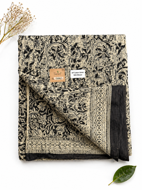Kalamkari Pure Cotton Saree – Hand block printed Black flowers